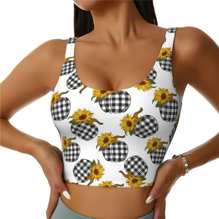 Adobk plaid Pumpkin Daisy Print Sports Bras for Women Longline Workout Crop Tank Tops Padded with Built in Shelf Padded Sports Bra-X-Large