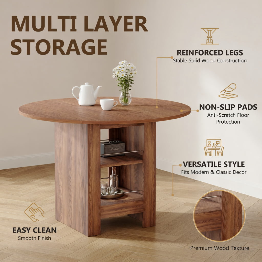 Hommoo 42" Round MDF Dining Table with Dual-Tier Storage Shelves, 30" Height, Non-Slip Pads, Modern Farmhouse Style for Kitchens & Small Apartments, Walnut