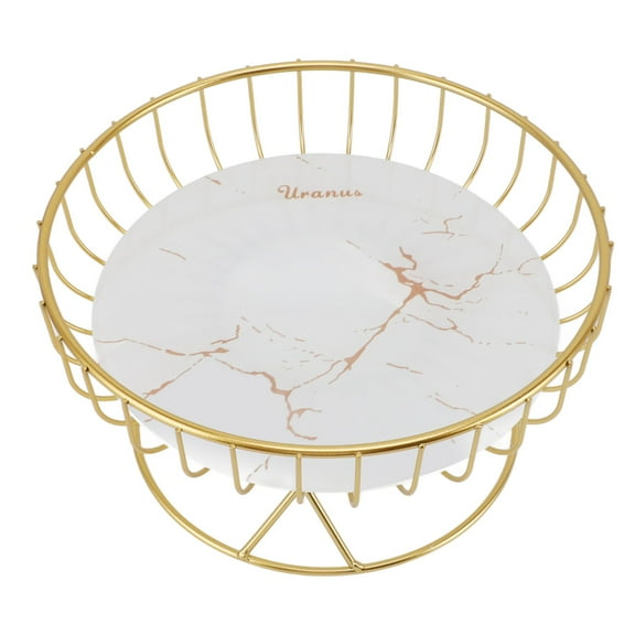 Large White Fruit Basket with Gold Stripes, Ventilated Metal Bowl for Kitchen Counter