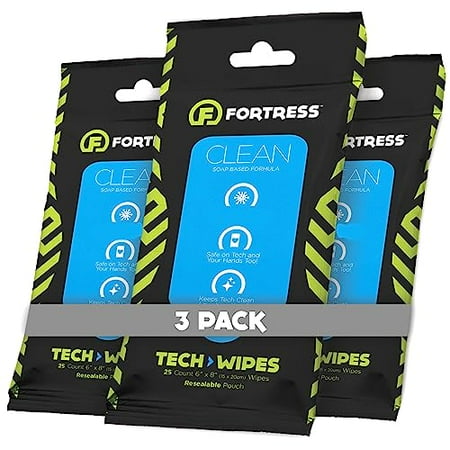 Fortress Tech Wipes (25 ct, Pack of 3) To-Go Electronic Wipes for Cell Phones, Keyboards, Cameras, Car Interior and More [Travel Size] Skin-Safe Cleaning Wipes, Phone Wipes