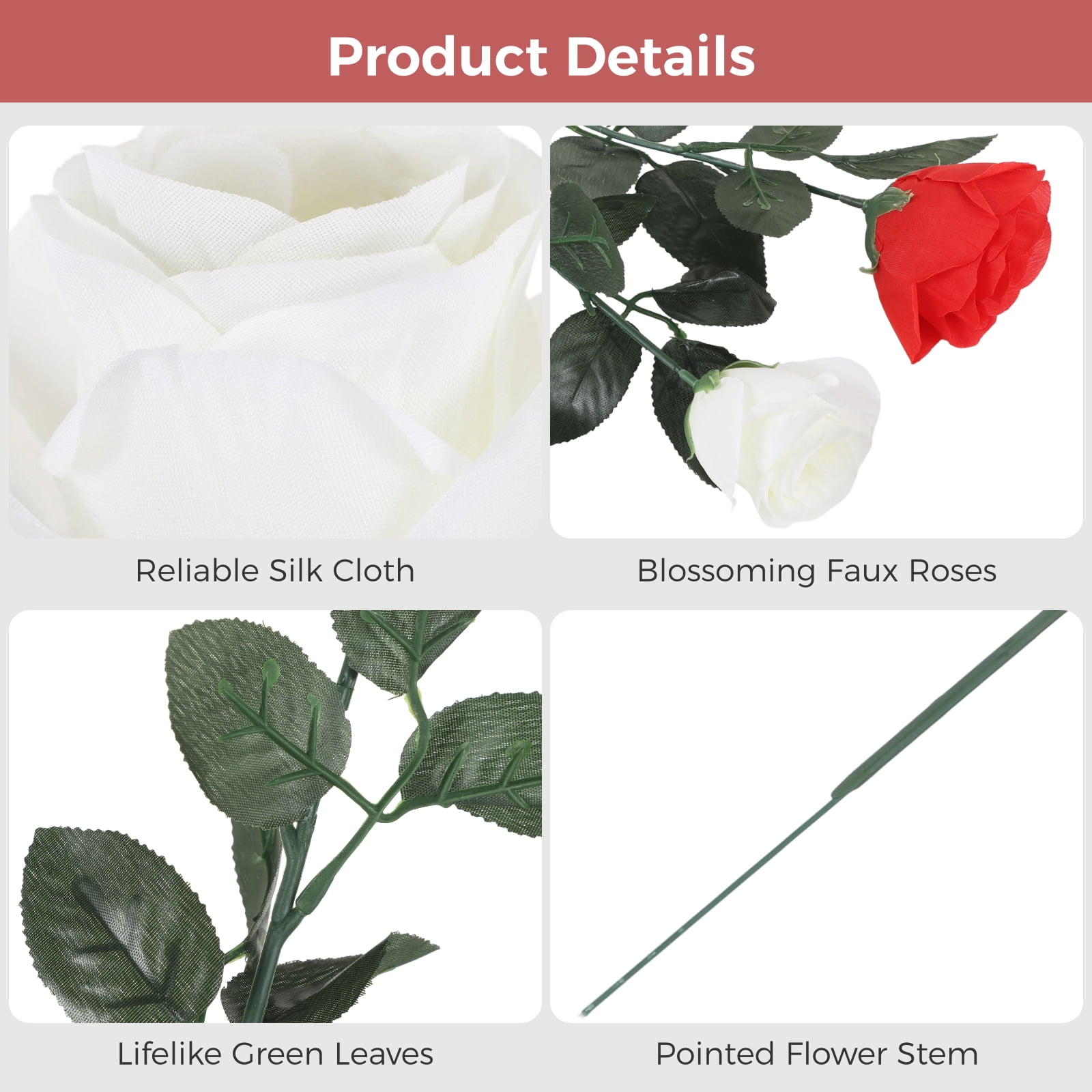 36 Pack Red & White Artificial Roses – 16.5" Realistic Silk Cloth Flowers for Bridal Wedding Bouquets, Table Centerpieces, Party Decor & Home Floral Arrangements