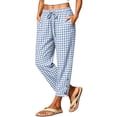 thumbnail image 3 of Casual Pants for Women Summer Casual Drawstring Elastic Waist Plaid Pant Loose Wide Leg Button Trousers With Pockets L, 3 of 9