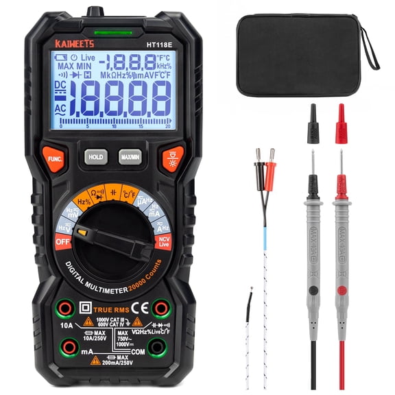 KAIWEETS HT118E Digital Multimeter TRMS 20000 Counts with Higher Resolution Auto-Ranging Voltmeter Accurately Measures Voltage Current Resistance Diodes Continuity Duty-Cycle Capacitance Temperature
