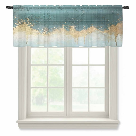 Abstract Gradient Teal Gold Semi Sheer Valance Curtains Shinny Gold Geometric Voile Valances Curtain Rod Pocket Small Window Treatment for Kitchen Bathroom Cafe 42"x18"