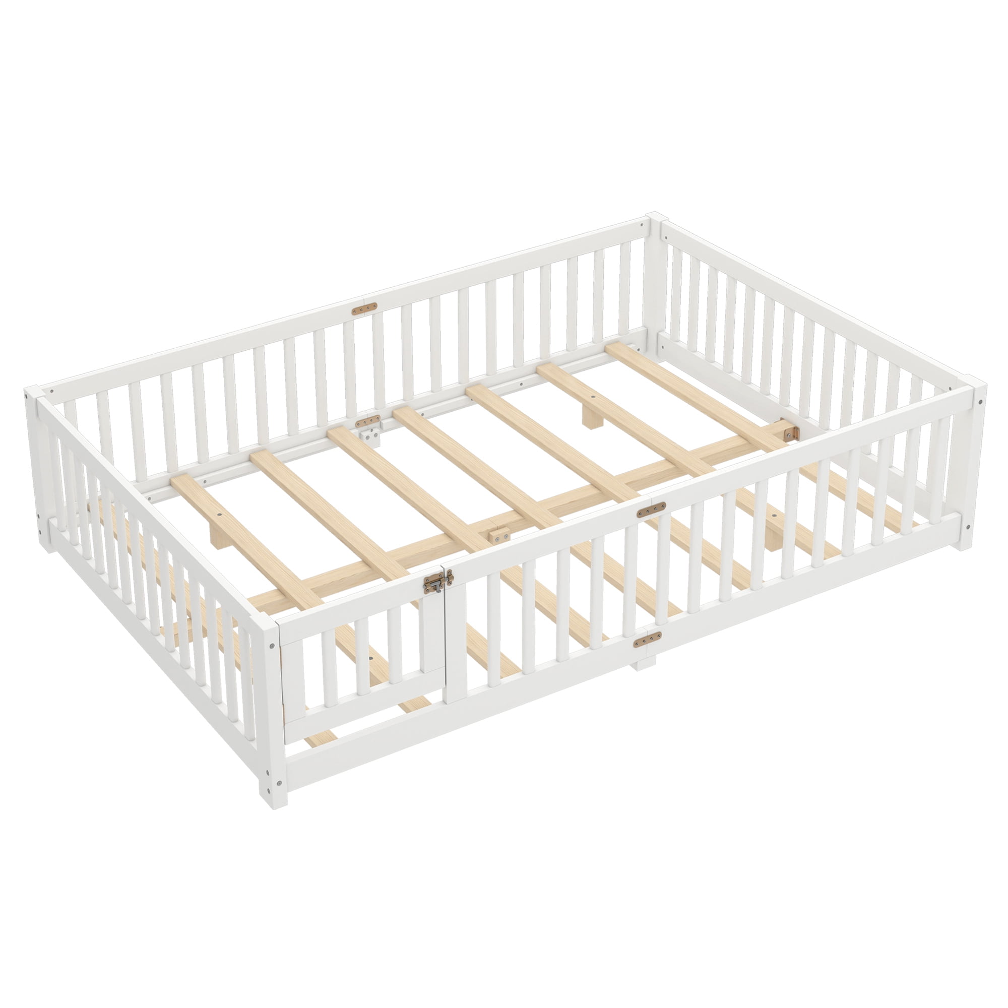 Queen Size Montessori Floor Bed with Rails, Wood Kids Floor Bed with Door and Slats Support, Toddler Bed Montessori Bed for Boys Girls, No Box Spring Needed Design