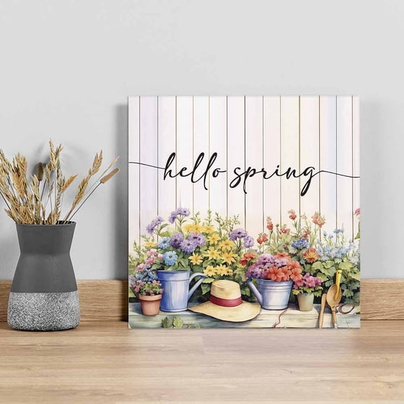 Hello Spring Wall Art Painting on Canvas, Elagant Summer Floral Botanical Wooden Canvas Art Home Prints Wall Art Framed Modern Artwork for Living Room Bedroom Wall Decor 8x8in