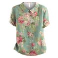 thumbnail image 4 of Green Women's Short Sleeve T-shirt, Women'S Linen Lapel Art Floral Round Neck Button Loose Pullover Top Casual Shirt T Shirt,Women's Short sleeve T-shirt 4XL, 4 of 9