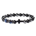 thumbnail image 2 of Men's Black Onyx Beaded Bracelet, Natural Stone Cross Charm Bracelet, Elastic Yoga Energy Bracelet for Men, Religious Jewelry Gift, 2 of 7