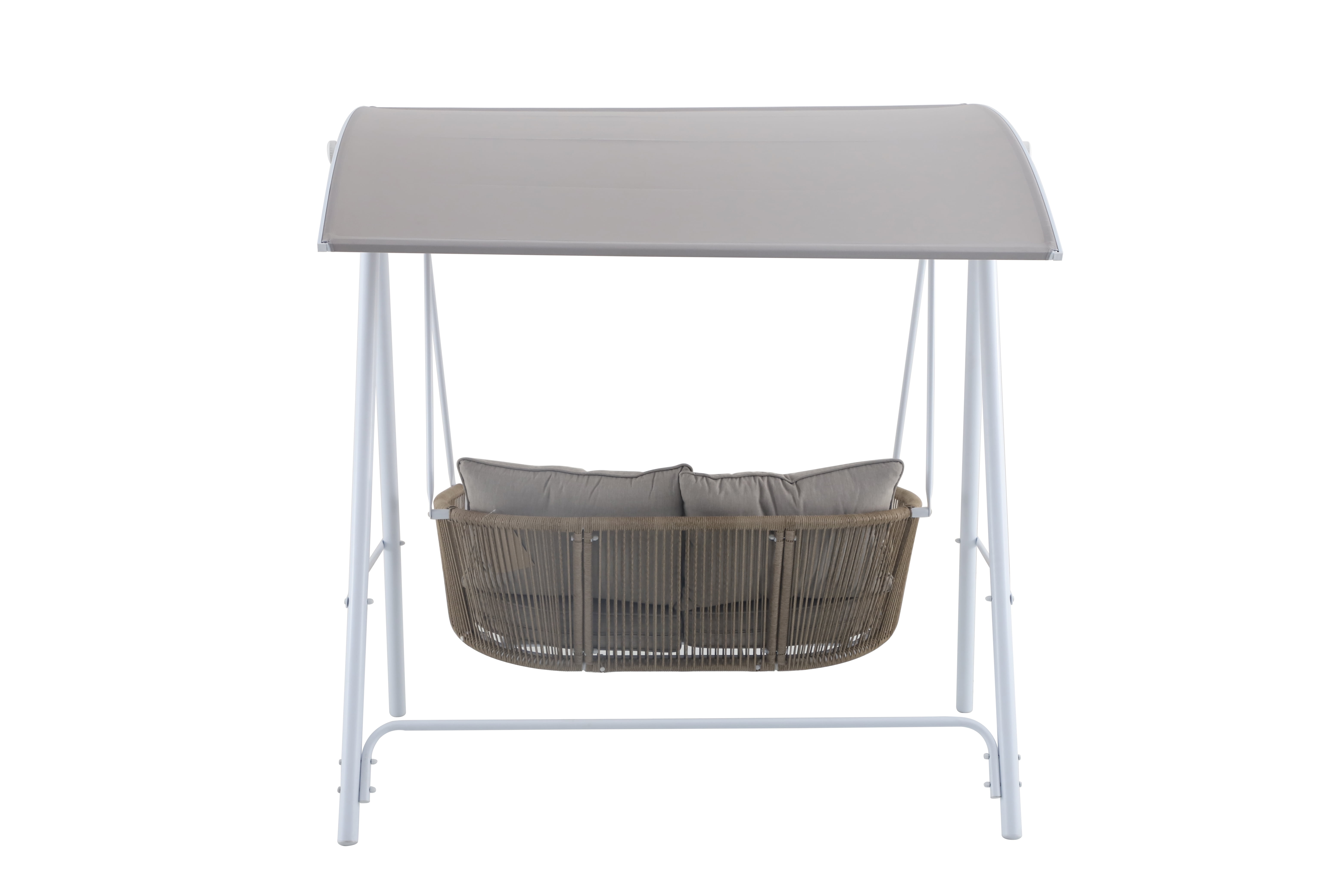 Mainstays Lawson Ridge 2-Seat Steel Outdoor Freestanding Porch Swing with Canopy and Cushions, Tan