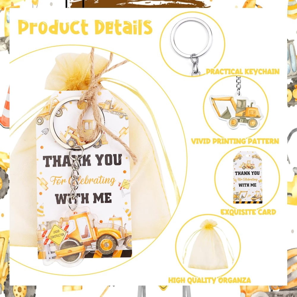 TWO WILD Serencatcher Construction Theme Party Favor, 72pcs Truck Party Favor Key Chain Thank You for Celebrating with Me Tag White Organza Bag for Construction Baby Shower Birthday Party Supplies