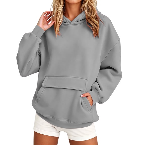 Womens Oversized No Drawstring Hoodie Boxy Drop Shoulder Long Sleeve Sweatshirt with Flap Detail Kangaroo Pocket Casual Lounge Top