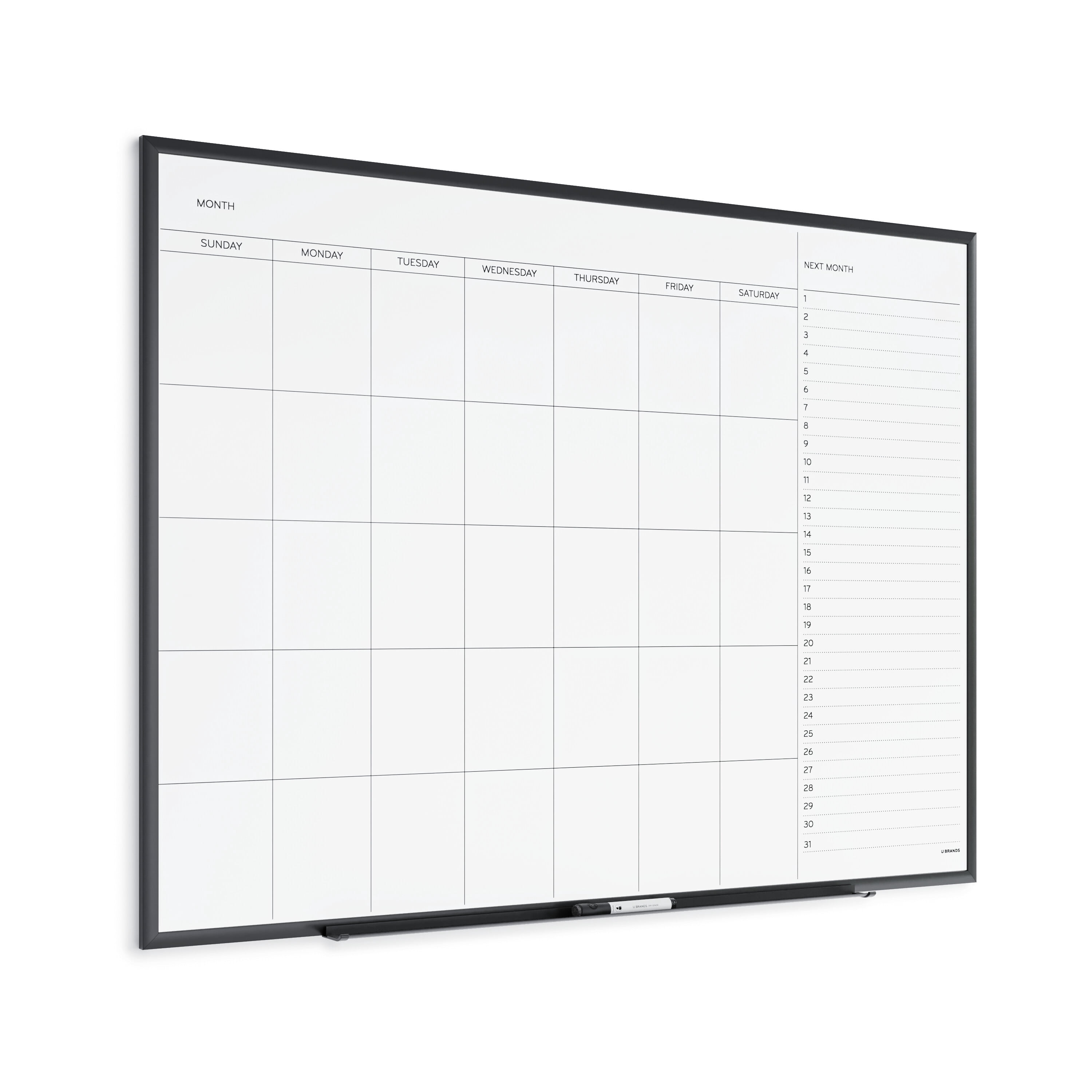 U Brands Magnetic Dry Erase Calendar Board, 35 x 47 inches, Black Aluminum Frame