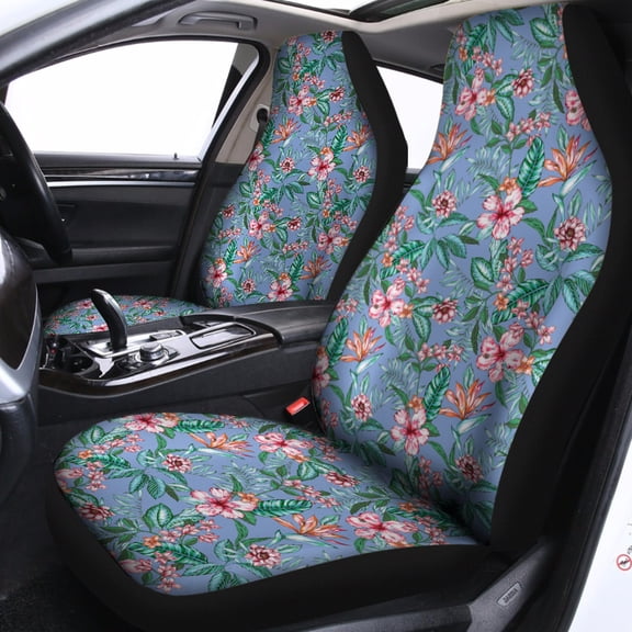 Tropical Floral Car Seat Covers – Pink Hibiscus & Green Leaf Pattern Auto Seat Protectors, Natural Theme Seats Auto Interior Decor