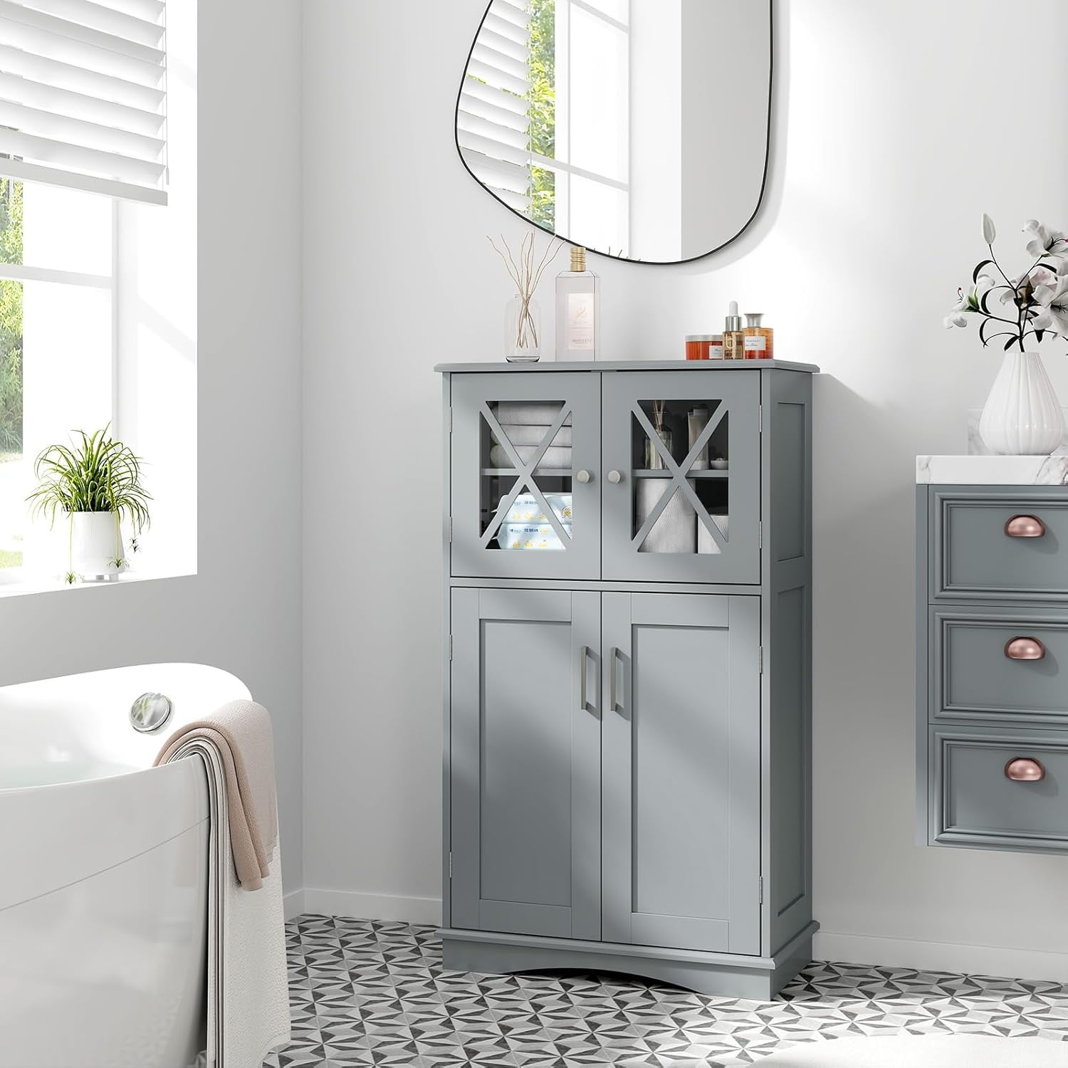Bathroom Floor Storage Cabinet - Linen Floor Cabinet with Doors and Adjustable Shelves, Freestanding Side Storage Organizer for Bathroom, Living Room, Entryway, Kitchen Storage Unit (Grey)