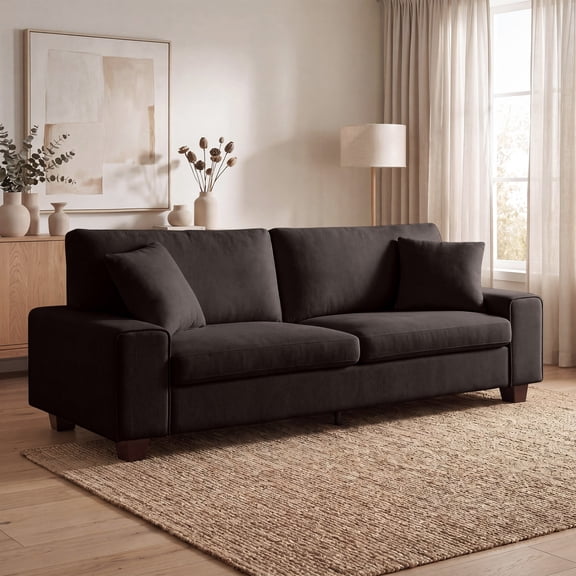 Poshby 88.58''W 3 Seater Sofa Couch with Chenille, Modern Square Arm for Living Room, Dark Gray