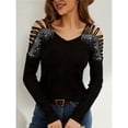 thumbnail image 4 of Camisa Informal de Larga con Escote en V y Hombros Descubiertos para Mujer, con Costuras de Encaje de Color Liso y Diseño de Rombos Negro M, 4 of 9