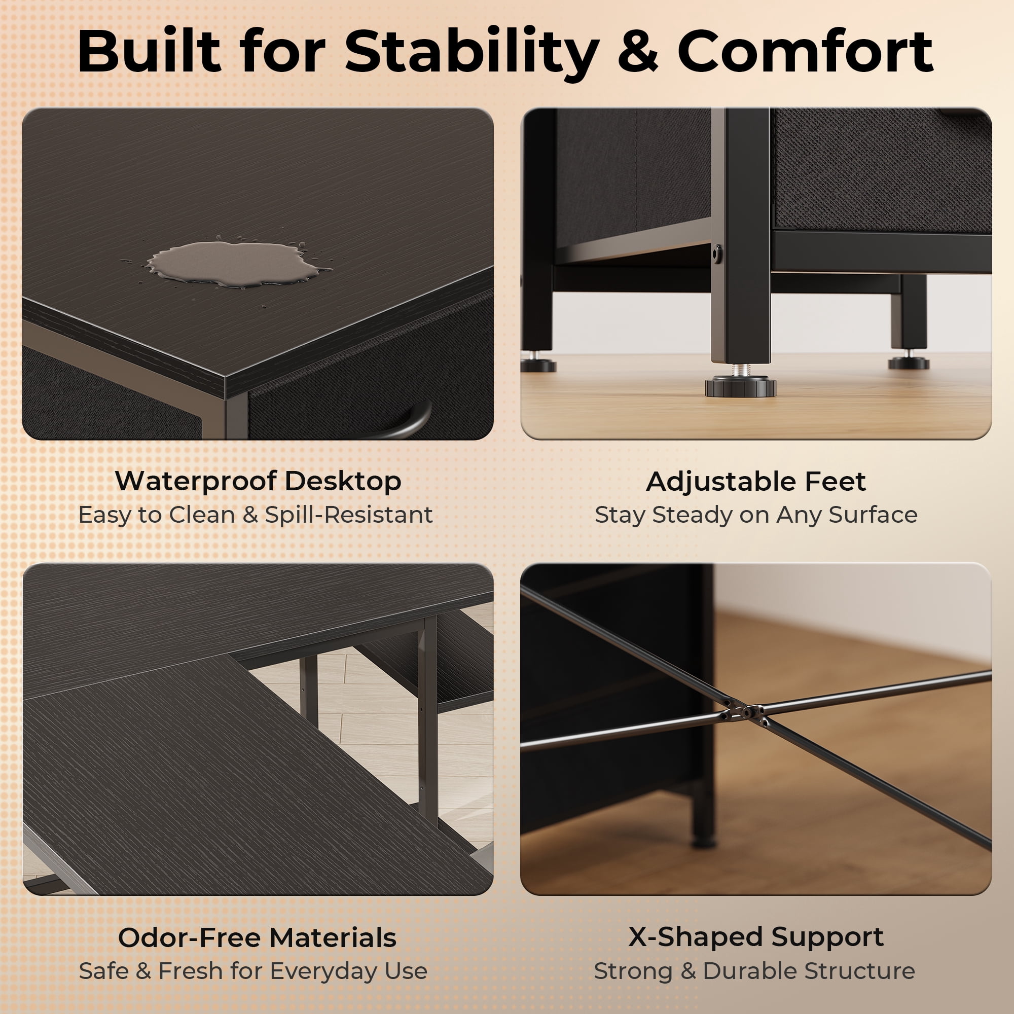 55 Inch L-Shaped Desk with Fabric Drawers, Reversible Home Office & Gaming Desk with Power Outlets, USB-C, and Adjustable Storage Shelves