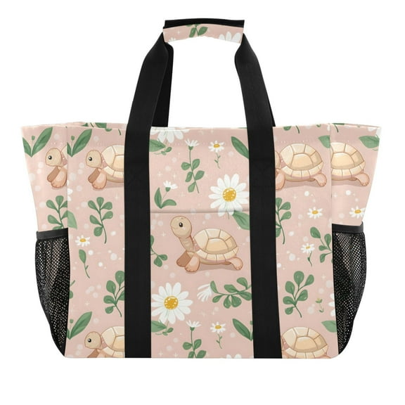 Cute Baby Turtle Reusable Grocery Bags with Handle Side Pocket Waterproof Shopping Portable Tote