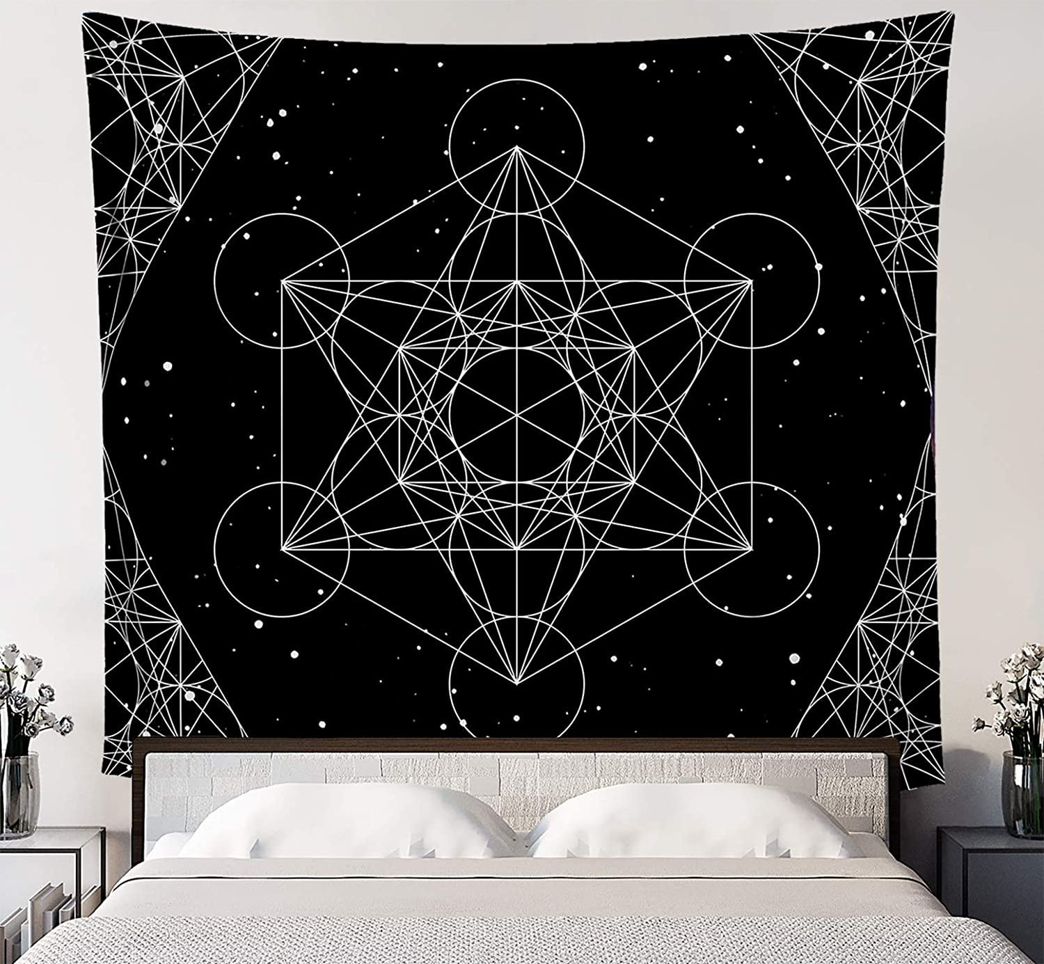 LUCID EYE Metatron s Cube Sacred Geometry Tapestry Simple Black and White Boho Wall Hanging for Bedroom Living Room Dorm 58x51 inches Walmart