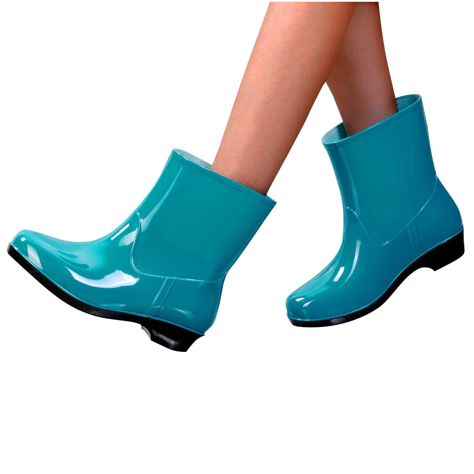 SuTry Women's Mid-Calf Waterproof Rain Boots Glossy PVC Wellies with Non-Slip Sole Low Heel Casual Water Shoes for Spring Summer Work Outdoor Use