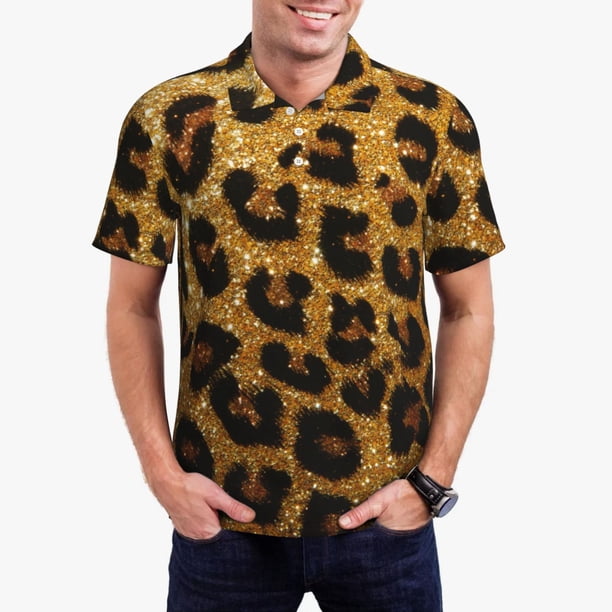 Fotbe Golden Leopard Glitter Camiseta Polo de Golf para Hombre con Estampado – Camisa Deportiva Transpirable con Cuello Abotonado-3X-Large