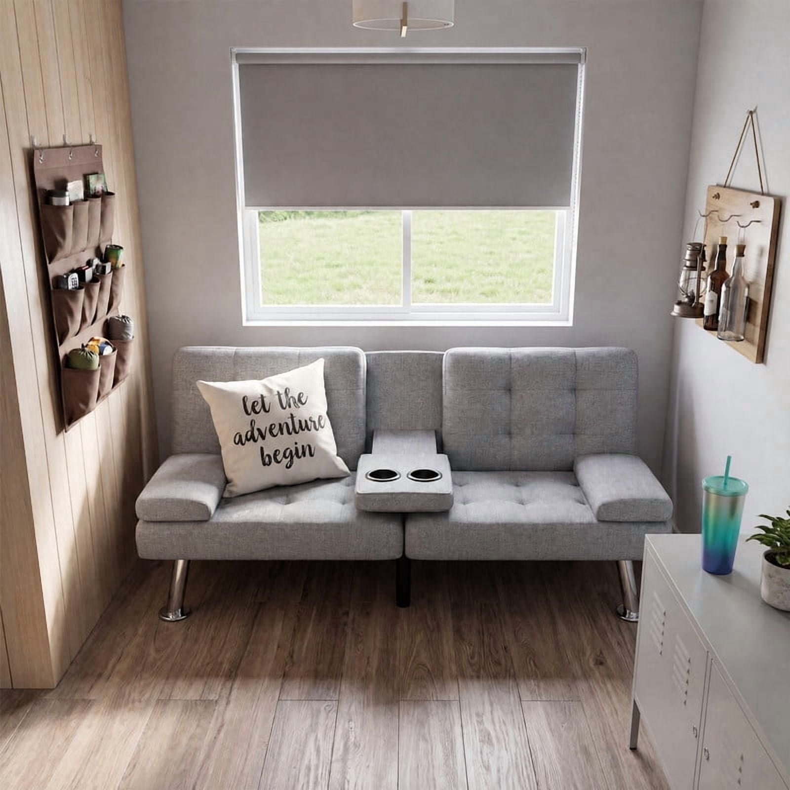 Lacoo Futon Sofa Bed, Linen Convertible Couch Sleeper Sofa, Cup Holders, Small Spaces,Gray