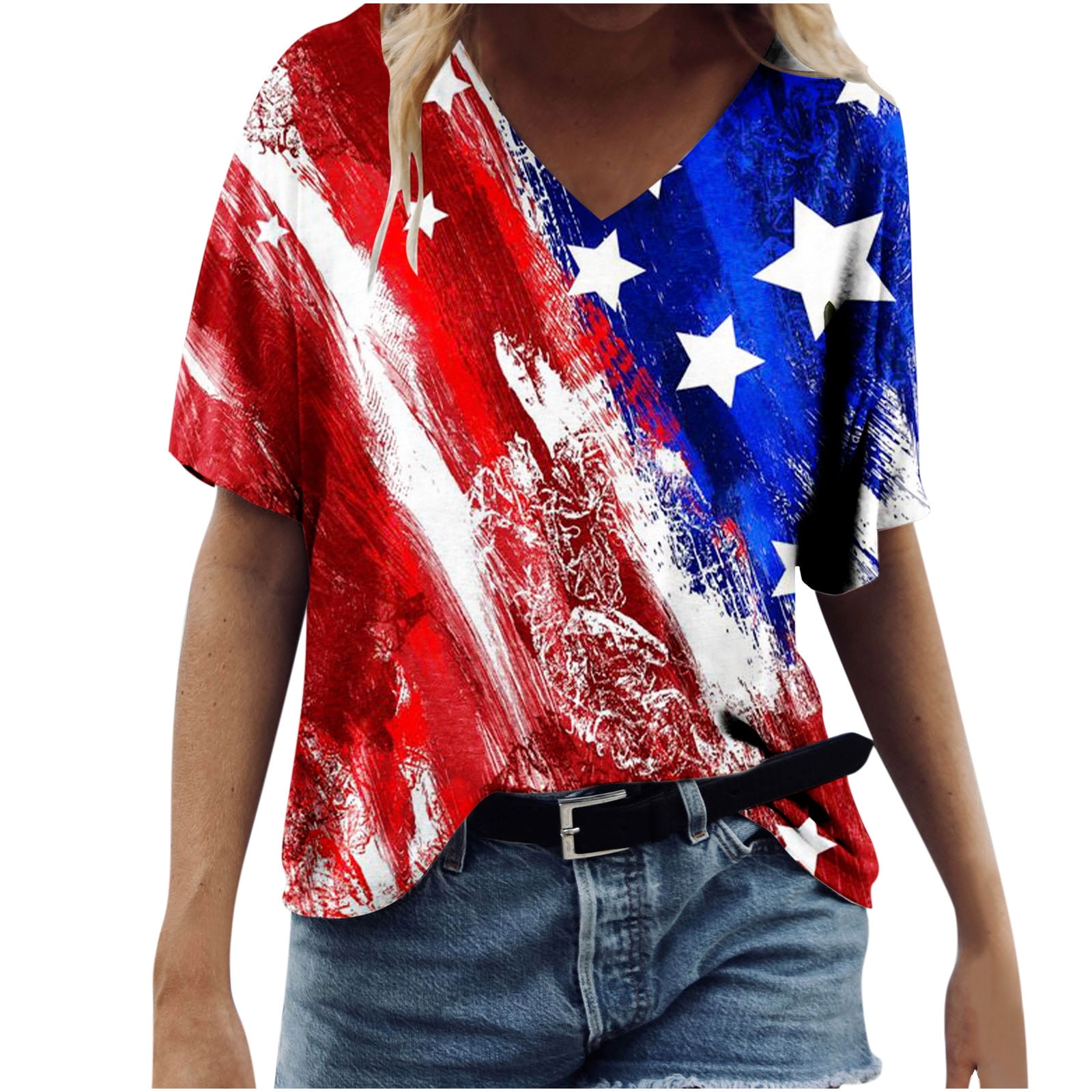 Summer V-neck Tops USA Flag Stars Stripes Print Short Sleeve Casual ...