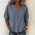 thumbnail image 2 of Zynoxe Womens Casual Cotton Linen Tops for Daily Wear Solid Color Button V-neck Short Sleeve Tops Peasant Gauze Loose Versatile Plus Size Tops Blue XXL, 2 of 8