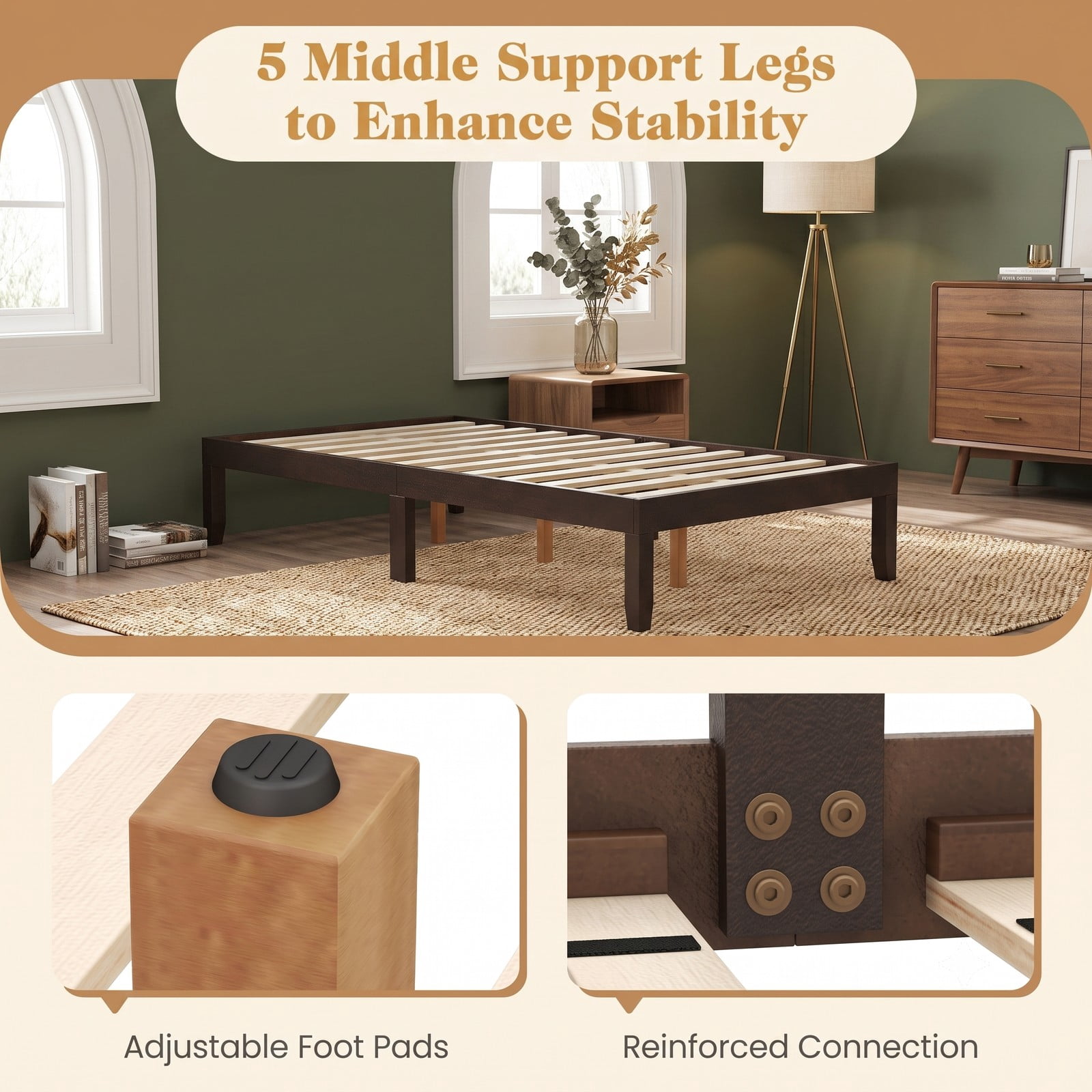 Furnibear Twin Bed Frame with Storage, 14 Inch Wood Platform Bed Frame with Slat Support and Under Bed Storage, No Box Spring, Espresso