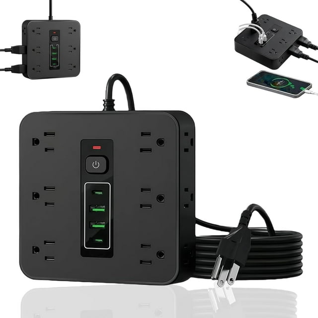 2026 New 16-in-1 Power Strip with Switch & Surge Protection, Portable Flat Plug Power Strip Surge Protector, 12 AC Power Outlets 4 USB with Time Display, One Touch Switch Button for Home (Black)