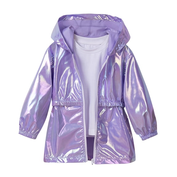 YunPes Toddler Girls Metallic Shiny Jacket Zip-Up Hooded Windbreaker with Elastic Waist Y2K Trendy Glitter Outdoor Clothes