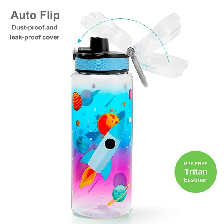 Home Tune 23oz Kids Water Drinking Bottle - BPA Free, Push-button, Flip Lid, Carry Loop Lightweight, Leak-Proof Water Bottle with Cute Design for