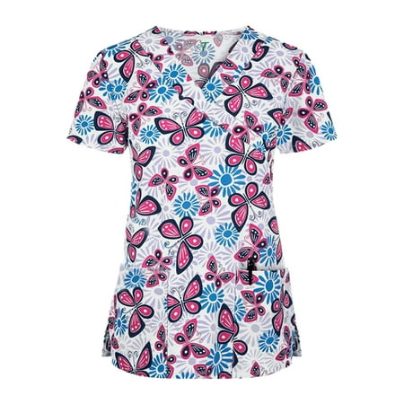 

UMfun Women s Scrubs Top with Pocket V-Neck Cartoon Printed Casual Short Sleeve Working Uniform Top Nurses Tunic Uniform Clinic Carer V-Neck Protective Clothing Tops Multi-color L