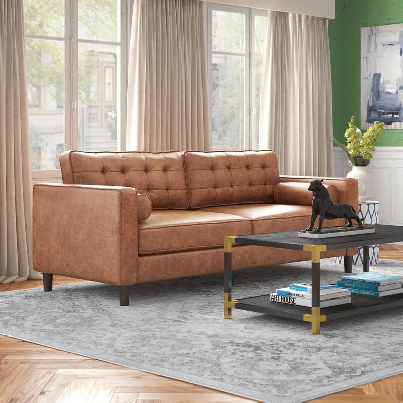 Yodolla 84 2 Mid Century Sofa Couch Tufted Synthetic Suede Fabric Modern Couch With 2 Bolster Pillows Sofas Couches For Living Room Apartment Dorm Office Saddle Brown Walmart Com