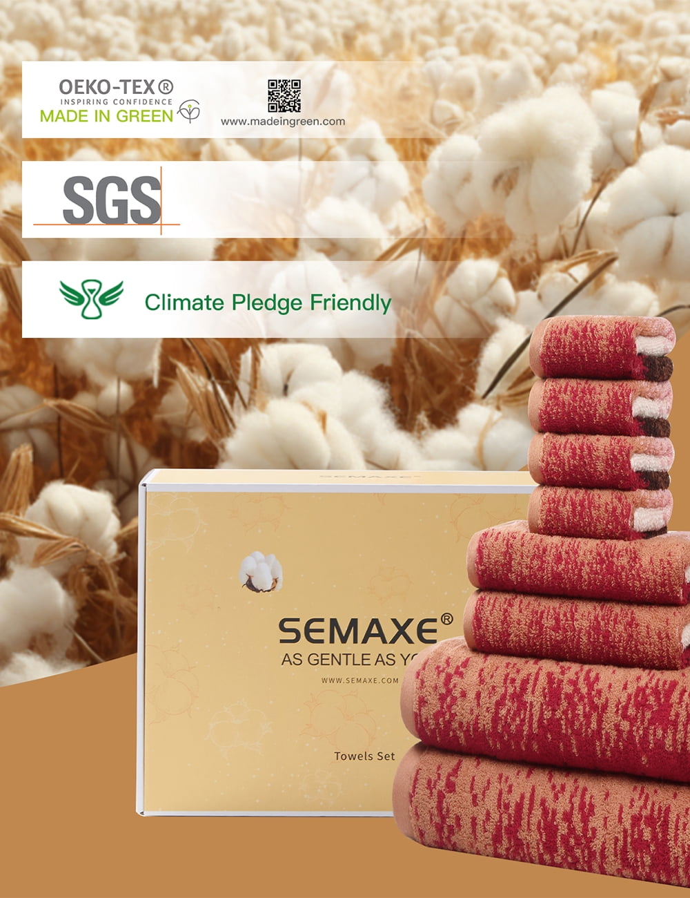 SEMAXE Luxury Cotton Bath Towel Set: 8-Piece (2 Bath Sheets 28x55" + 2 Hand Towels 16x28" + 4 Washcloths 13x13") | 550GSM, Ultra Plush | Spa, Hotel Grade for Family Bathroom Essentials, Plum Garden