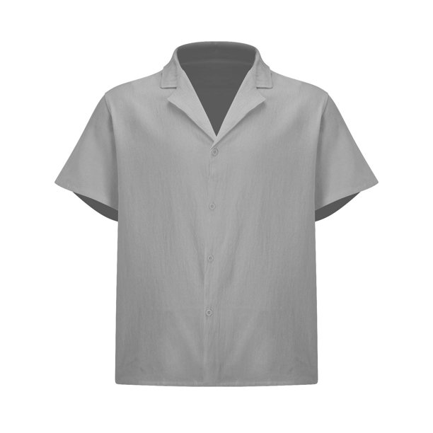 Camisas Para Hombre Blusa de camisa de lino de algodón de color sólido con solapa de manga corta informal de primavera y verano para hombres (Grey, M)