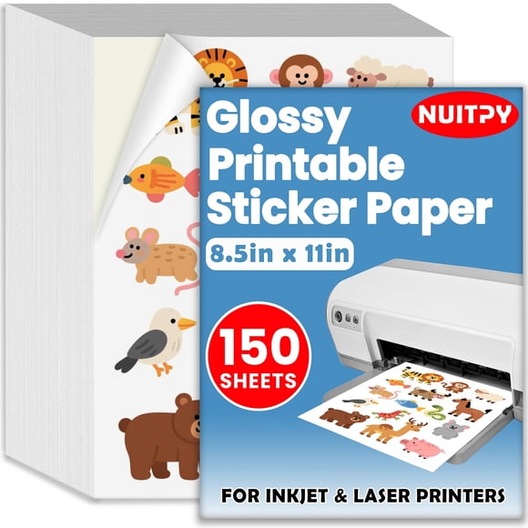 150 Sheets Glossy Sticker Paper, 8.5in x 11in Sticker Paper for Inkjet & Laser Printer, Self-adhesive Printable Sticker Papers, Vibrant Colors, Dries