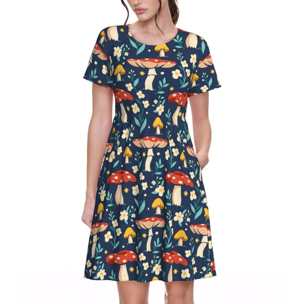 Easygdp Colorful Mushrooms para Vestido Transpirable de Mujer, Vestido Suelto de Manga Corta con Pliegues y Bolsillos para el Verano