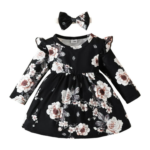 Girls Dress Girls Long Sleeve Floral Prints Princess Dress Clothes Dress for Girls Black 6 Months-9 Months