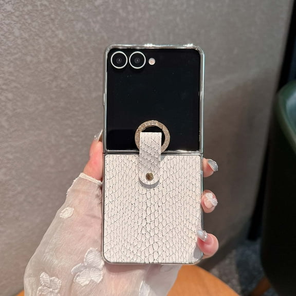 for Motorola Razr 2024 Case with Diamond Finger Ring Buckle, Snake Texture PU Leather Phone Case, Shockproof Anti-Scratch Plating Protective Cover for Motorola Razr 2024, White