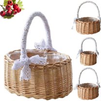 Flower Girl Baskets Wicker Woven Basket Willow Hand Woven Basket with Handle and Lace Bow Picnic Basket Woven Eggs Candy Basket Flower Basket for Wedding, Picnic Foods Storage Basket for Hiking