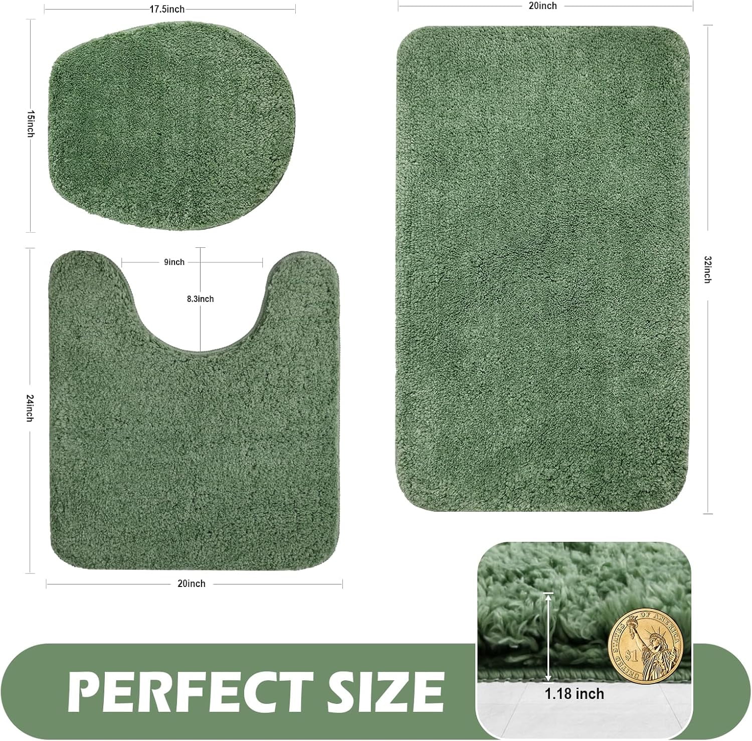 Rugs Sets 3 Piece with Adjustable Toilet Seat Cover 17.5"x 15" Machine Washable Bath Rug Set with TPR Non Slip Rubber Backing Solid Bath Mat Set for Luxury Bathroom Decoration