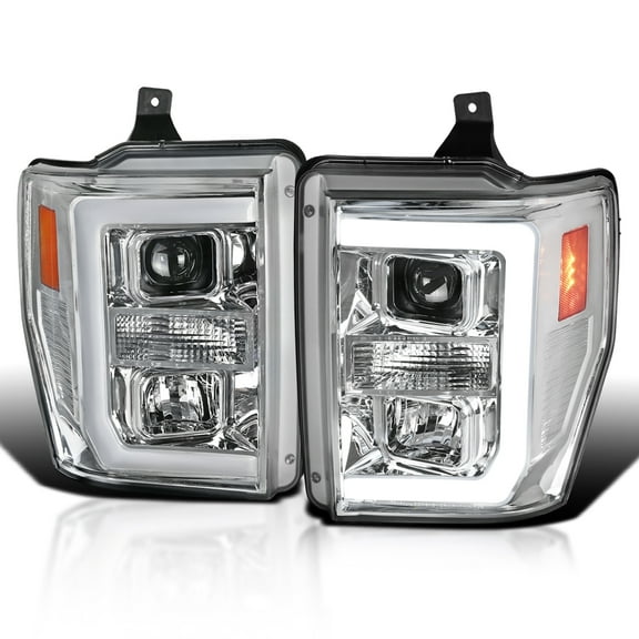 Spec-D Tuning Chrome Projector Headlights w/ LED Bar Compatible with 2008-2010 Ford F-250, F-350, F-450, F-550 Super Duty, Left   Right Pair Headlamps Assembly