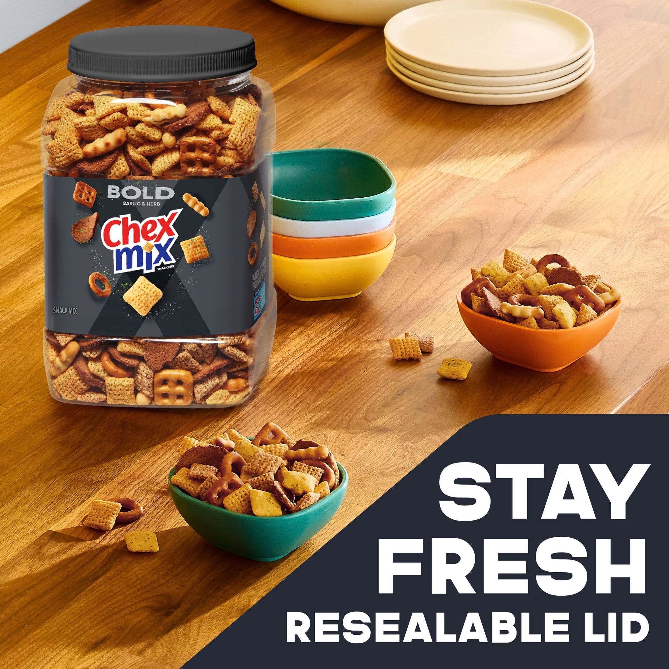 (4 pack) Chex Mix Bold Garlic and Herb Snack Mix, Salty Snacks Tub, 20 oz