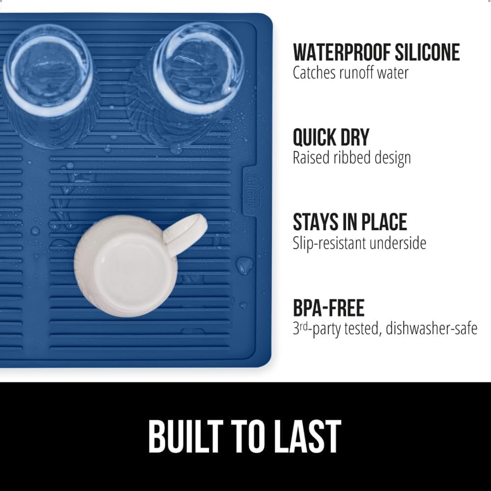 JJEAN-100% BPA-Free Patented Silicone Dish Drying Mat for Kitchen Counter, 18x24 Inch, Water Catching Ribbed Design, Easy Clean Waterproof Sink Liner, Heat Resistant, Fits Under Rack, Blue