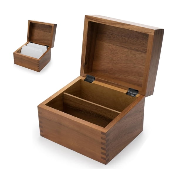 Acacia Wood Recipe Box with Divider Tabs, 2 Compartment, Single