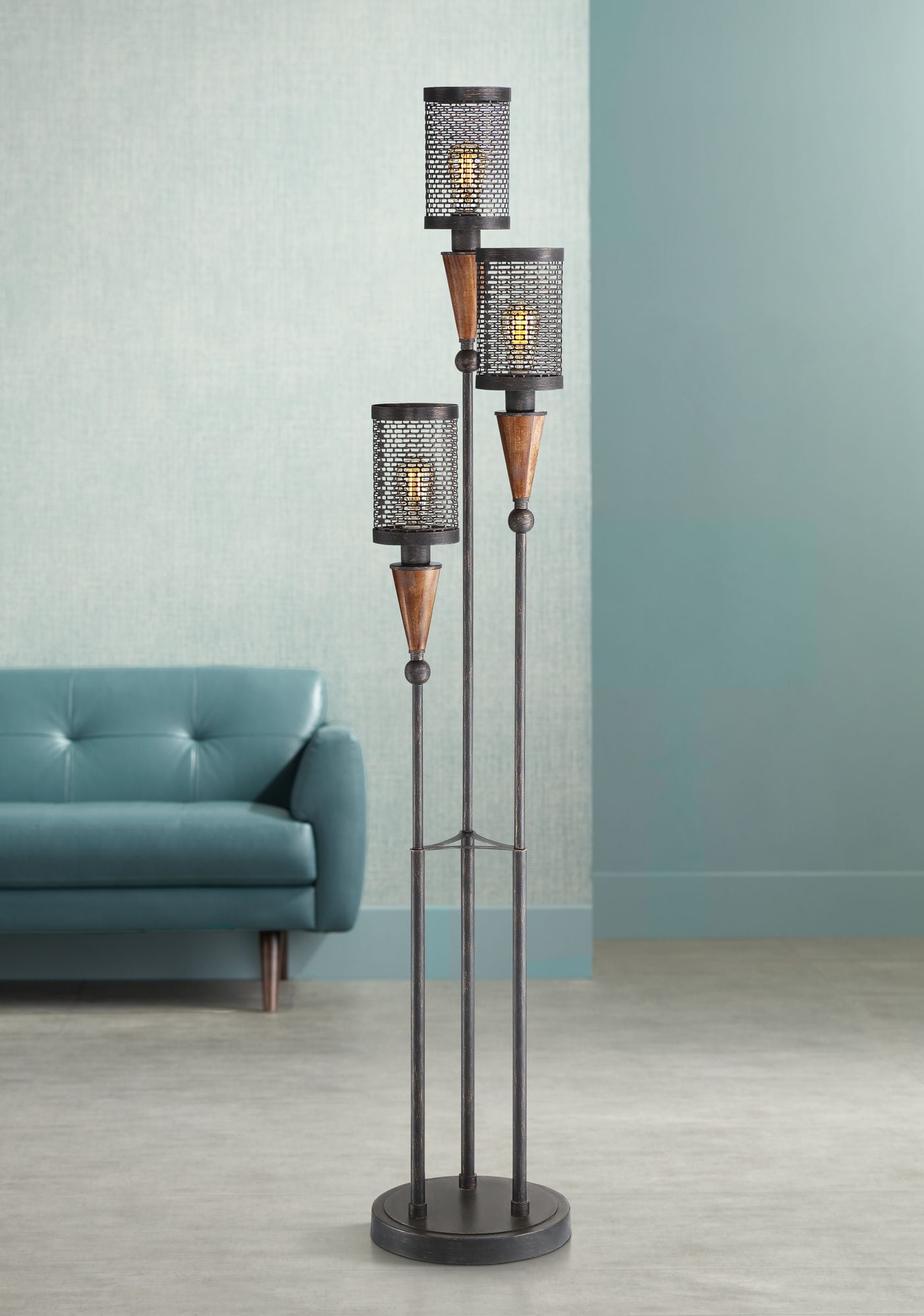 Franklin Iron Works Modern Industrial Floor Lamp 3 Light Oil Rubbed Bronze Painted Wood For Living Room Reading Bedroom Uplight