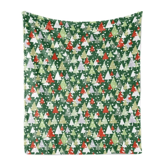 Winter Soft Flannel Fleece Blanket, Christmas Forest with Pine Trees Snowing Silhouette Style Pattern, Cozy Plush for Indoor and Outdoor Use, 50" x 70", Emerald Vermilion and White, by Ambesonne