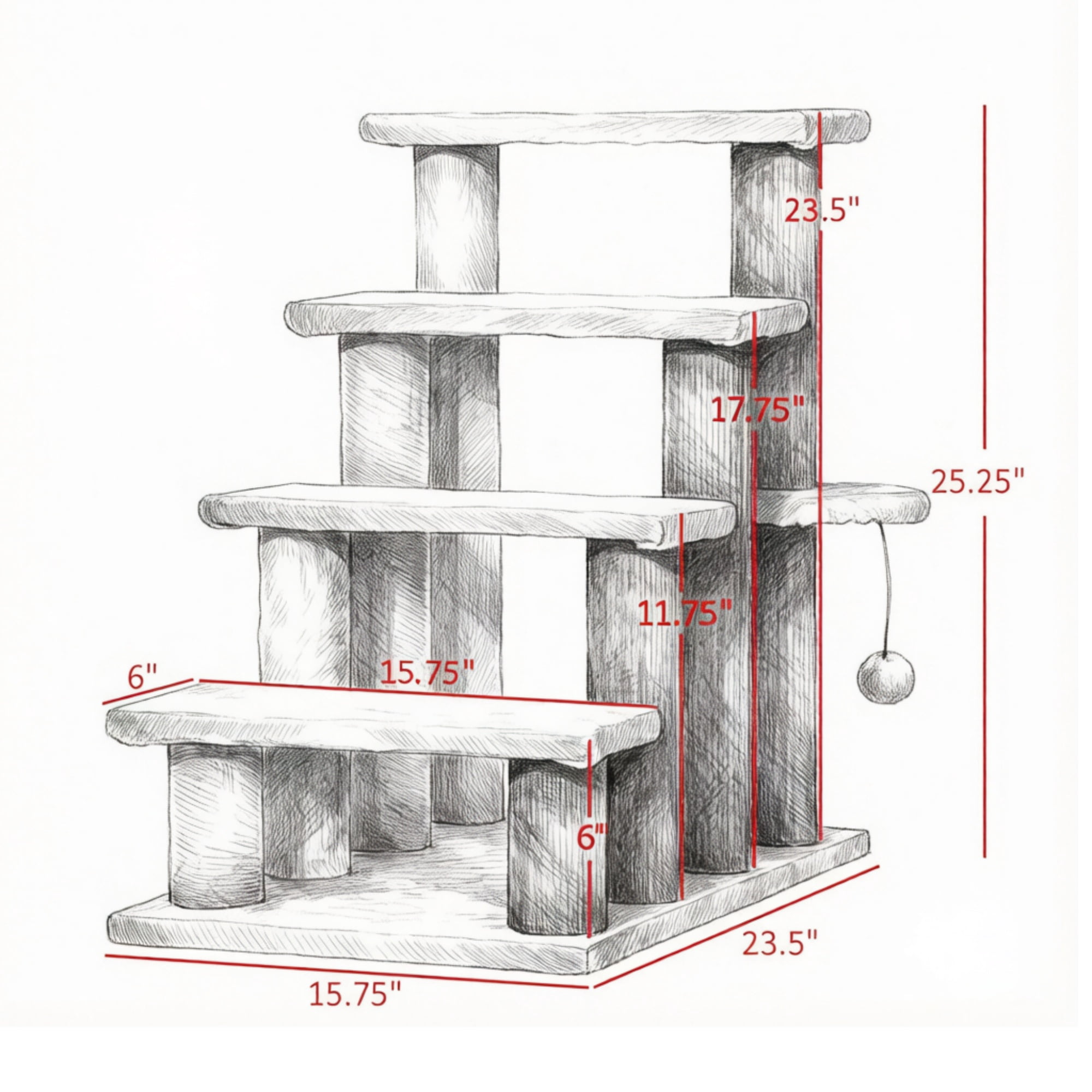 Lightweight Compact Cat Stairs for Older Small Cats Under 10 Lbs, Soft Flannel Covered Pet Steps with Play Platform Hanging Ball Joint Protection Movable Cat Tree