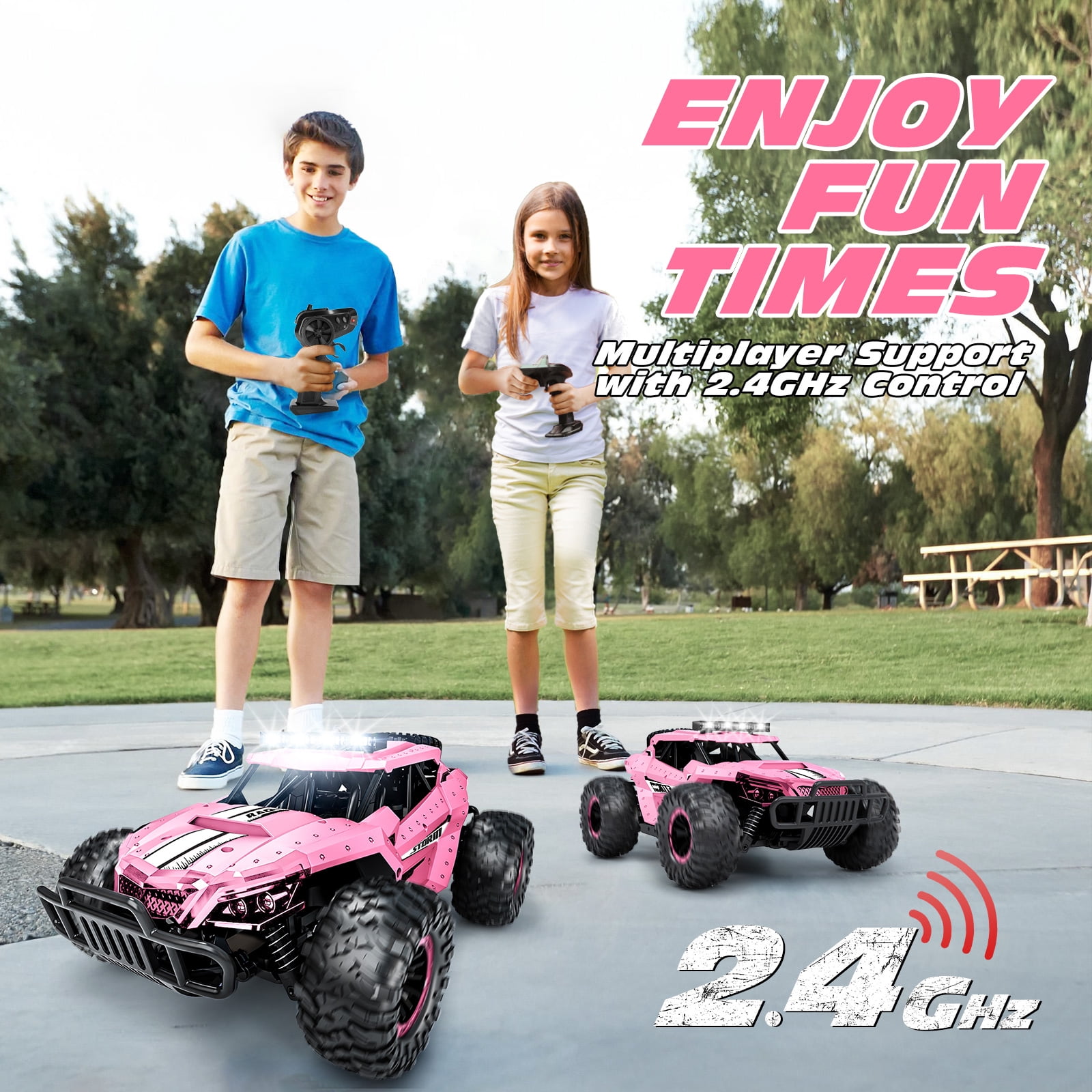 Tecnock Pink RC Car 1/16 Scale Remote Control Car for Girls, High Speed 20+ KM/H All Terrains Rc Monster Truck with Two Rechargeable Batteries & Head Chassis Lights Gift Toy for Kids Adults
